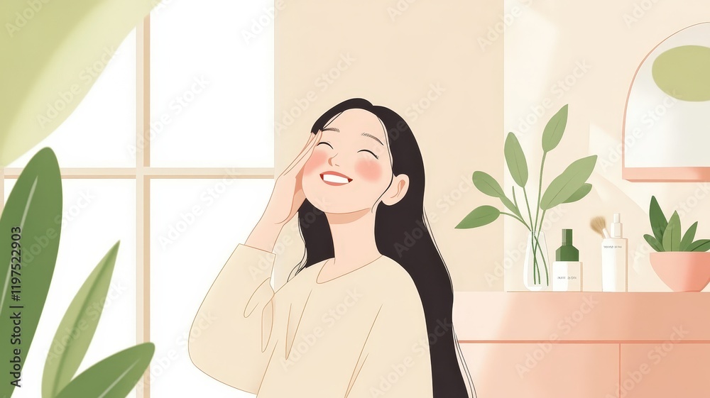 Illustration of a smiling woman surrounded by plants expressing joy and skincare confidence. Illustration of a smiling woman surrounded by plants expressing joy and skincare confidence.