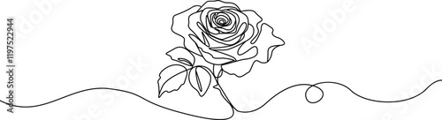 Rose one line drawing. Abstract flower continuous line. Minimalist contour drawing of rose . Continuous line drawing of flower rose . Hand drawn sketch of flower with leaves.