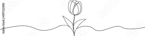 Tulip one line drawing.Abstract flower continuous line. Minimalist contour drawing of tulip. Continuous line drawing of flower tulip.Hand drawn sketch of flower with leaves.