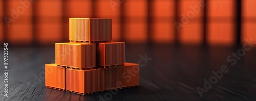 A pyramid of orange blocks is stacked on a dark surface, contrasting with a blurred background of similar colored blocks.