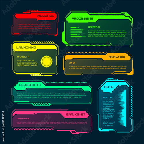 Futuristic HUD or UI elements. Sci-fi user interface text boxes, callouts. Colorful warning message frame, information boxes template. Modern game interface layout, digital style. Vector illustration