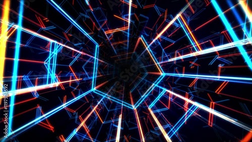 Bright science fiction tunnel with illuminated patterns made of blue and orange neon light lines. Futuristic cyber space corridor for digital technology and modern computer engineering. Loop 4K 60fps
