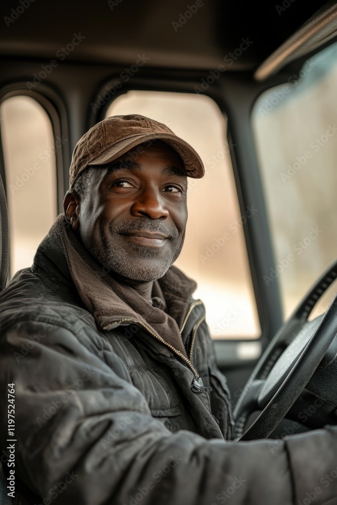 Man driving truck, smiling at the camera, looking relaxed and enjoying his work. Man driving truck, smiling at the camera, looking relaxed and enjoying his work.