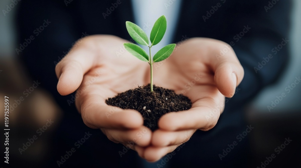 Hands Holding a Small Green Plant with Soil Symbolizing Growth and Environmental Responsibility Hands Holding a Small Green Plant with Soil Symbolizing Growth and Environmental Responsibility