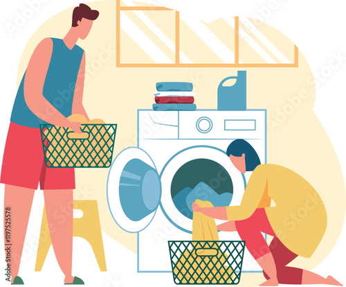 Young man carrying laundry basket and woman loading clothes into washing machine while kneeling, performing household chores together in the laundry room