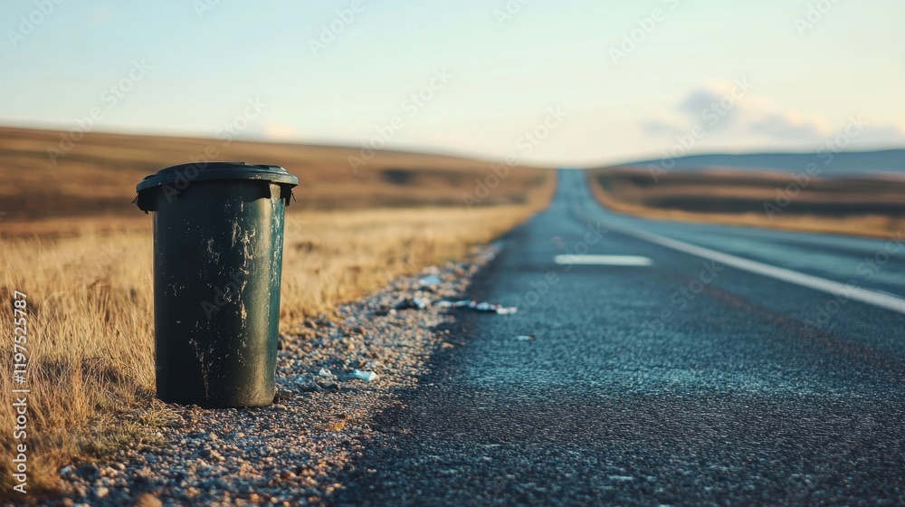 Trash Bin on an Empty Road Surrounded by Nature at Sunset Trash Bin on an Empty Road Surrounded by Nature at Sunset