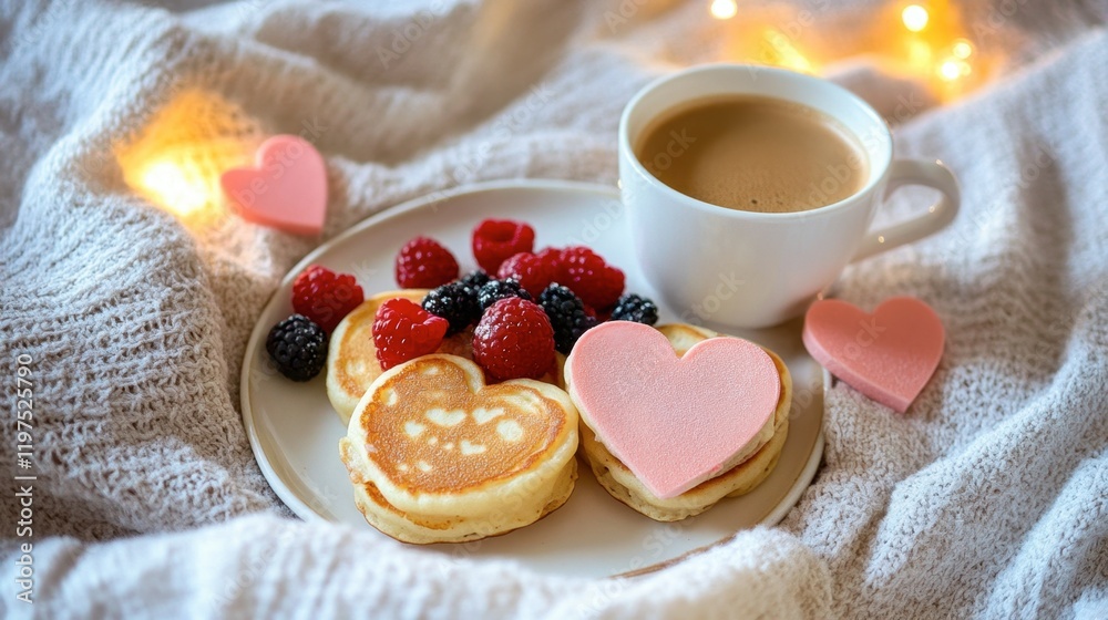 A sweet Valentine's Day breakfast in bed with heart-shaped pancakes, fresh berries, and a cup of coffee. A sweet Valentine's Day breakfast in bed with heart-shaped pancakes, fresh berries, and a cup of coffee.