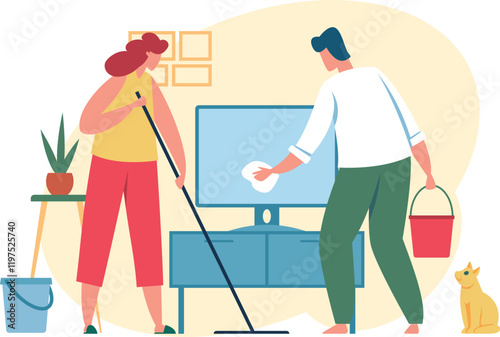 Man and woman are cleaning the living room together, the woman is mopping the floor and the man is cleaning the tv screen with a rag, a yellow cat is watching them