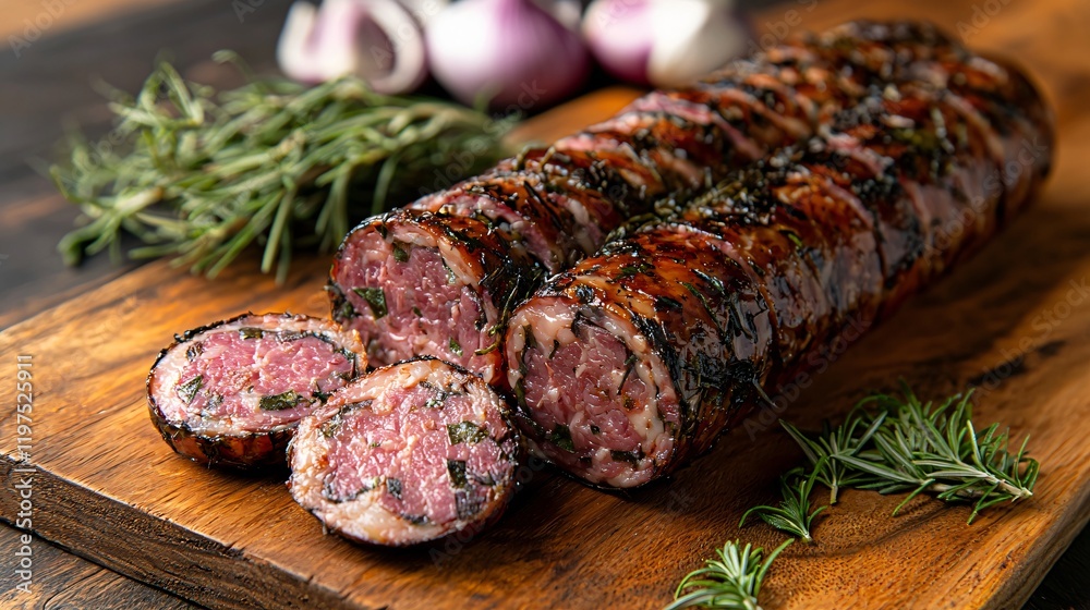 Sliced grilled sausage with rosemary and red onions on a wooden board. Sliced grilled sausage with rosemary and red onions on a wooden board.