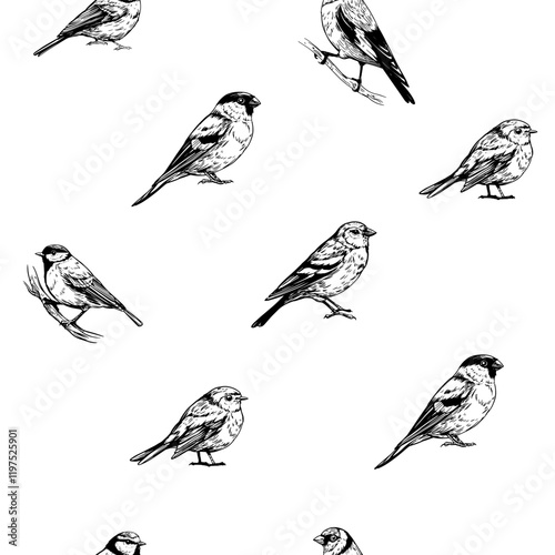 Seamless pattern, set birds, great tit, goldfinch, robin, bullfinch, realistic sketch, hand drawn vector