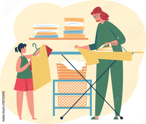 Mother ironing clothes on ironing board and daughter hanging clean laundry on clothes rack. Family doing housework together. Household chores. Housekeeping. Home duties. Routine domestic work concept