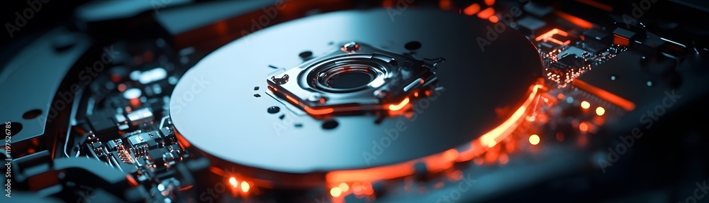 Obraz premium Close-up view of a modern hard drive with intricate details and an illuminated design, emphasizing the advancements in technology and data storage capabilities.