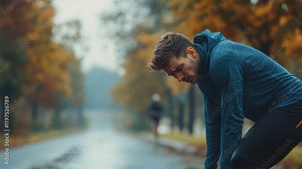 © vefimov - A male athlete in a blue jacket and black shorts is crouched over on the side of a road, leaning against a fence. The scene captures a moment of pause or recovery during a running training session