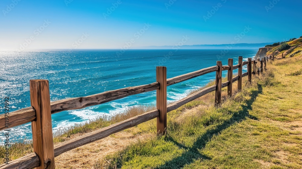 The weathered wooden fence winds along the coastline, framing breathtaking ocean views, with sunlight dancing on the waves in the distance. The weathered wooden fence winds along the coastline, framing breathtaking ocean views, with sunlight dancing on the waves in the distance.