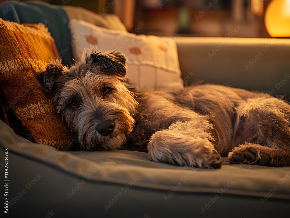 A close-up of a fluffy dog lounging on a cozy sofa