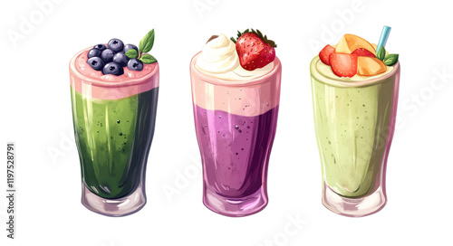 Delicious smoothies in vibrant colors, topped with fruits and cream