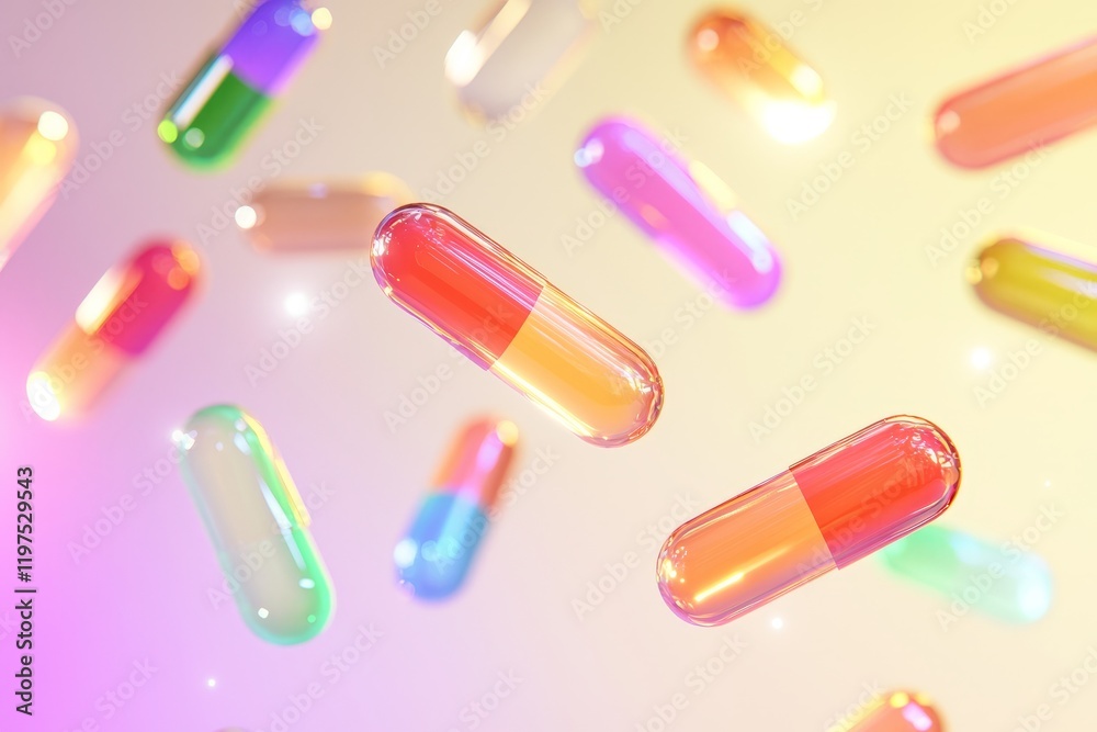 Vibrant collection of colorful capsules floating in bright light. Generative AI Vibrant collection of colorful capsules floating in bright light. Generative AI