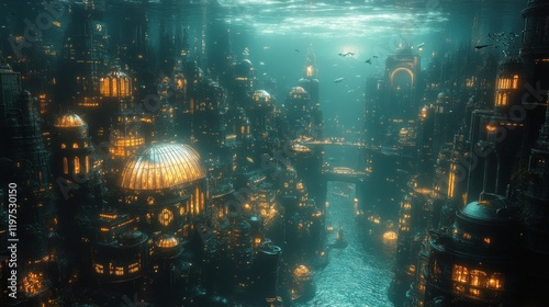 Underwater city glowing at night with bridges and domes. photo