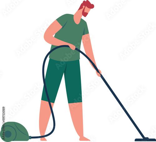 Redhead man using a vacuum cleaner while diligently cleaning the house, vacuuming the floor, and managing household chores in a modern and tidy living space