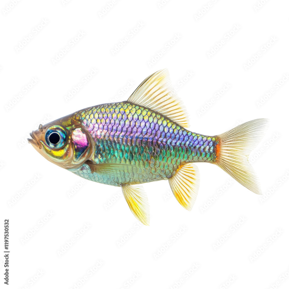 Iridescent rainbowfish with vibrant scales and colorful fins swimming gracefully. This stunning fish showcases beautiful array of colors that reflect light, creating mesmerizing effect