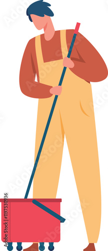 Cleaning service worker dressed in uniform and apron, holding a mop while standing next to a wheeled bucket, prepared to efficiently clean the floor indoors