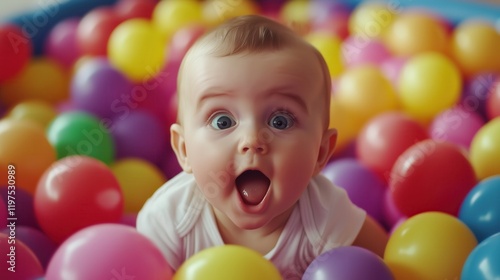 In a lively ball pit of vivid colors, a surprised baby smiles joyfully, their curiosity and playful energy capturing the essence of childhood fun. photo