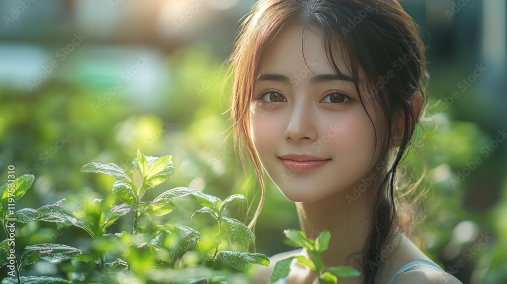 A young woman smiles softly while looking at the camera, with greenery in the background. A young woman smiles softly while looking at the camera, with greenery in the background.