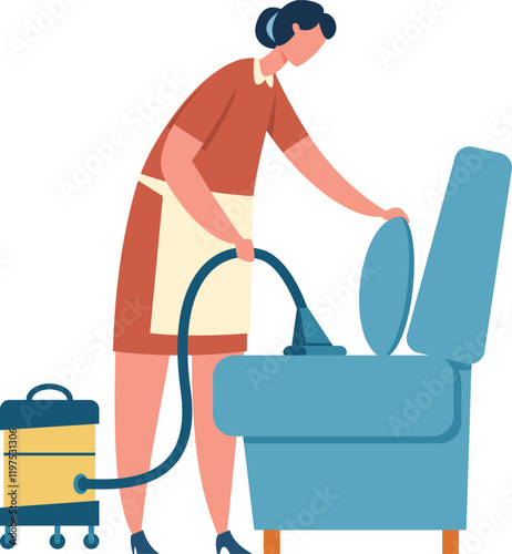 Professional cleaning service worker wearing a uniform and apron, expertly vacuuming an armchair in a tidy office or home, ensuring hygiene and cleanliness while removing dust and dirt