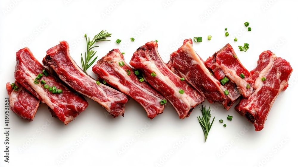 Fresh Raw Meat Cuts with Herbs and Garnish on White Background Fresh Raw Meat Cuts with Herbs and Garnish on White Background