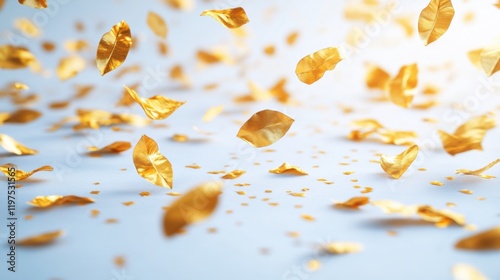 Golden Leaves Falling Against a Soft Blue Background with Light photo