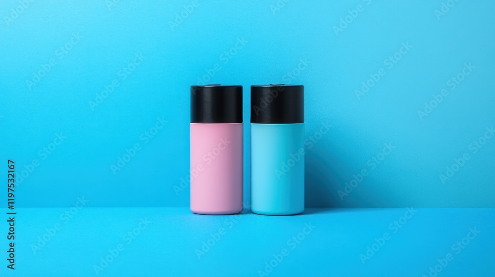 Two pastel-colored cylindrical containers with black lids against a vibrant blue background. Minimalist product presentation. Two pastel-colored cylindrical containers with black lids against a vibrant blue background. Minimalist product presentation.