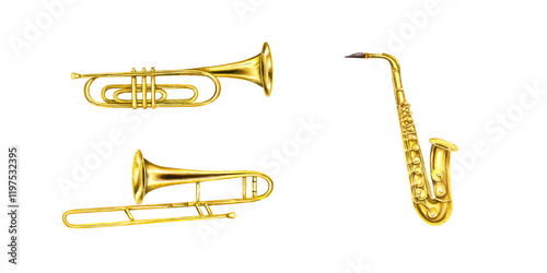 Canvas Print Watercolor musical classical shiny brass trumpet, trombone and saxophone set illustration
