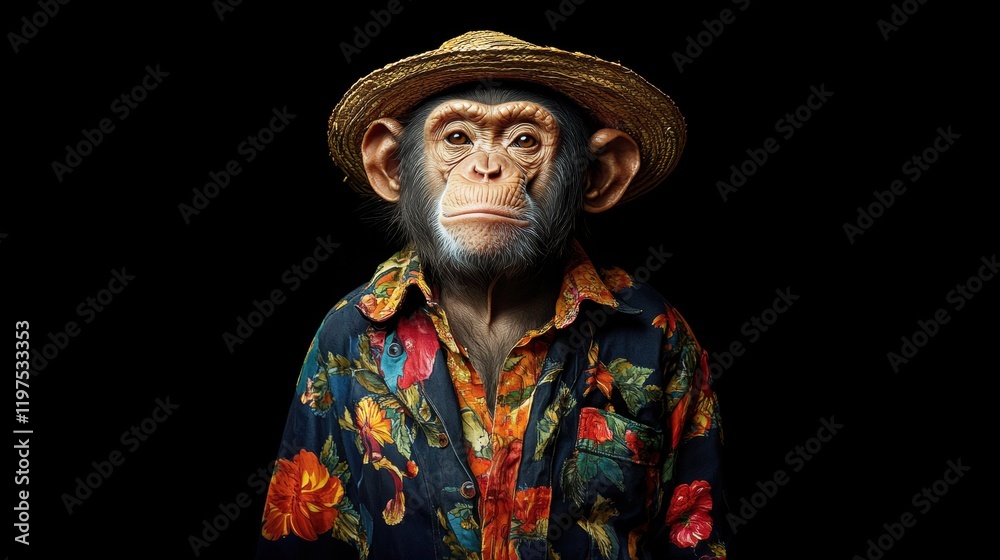 Stylish Chimpanzee in Tropical Shirt and Straw Hat Against Black Background Stylish Chimpanzee in Tropical Shirt and Straw Hat Against Black Background