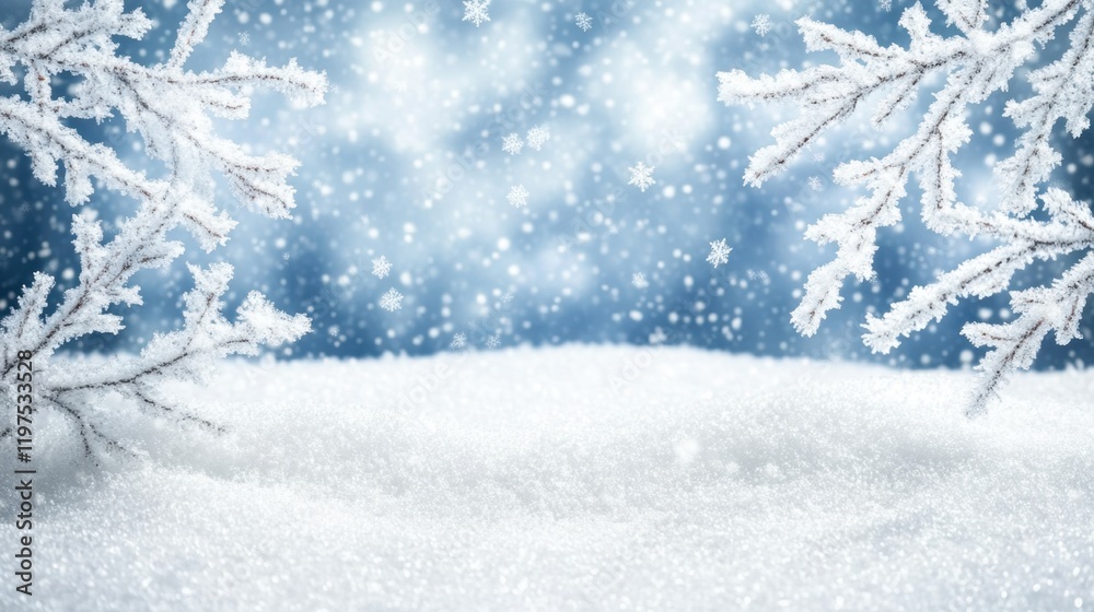 Winter Wonderland with Snowflakes and Frosted Branches Background Winter Wonderland with Snowflakes and Frosted Branches Background