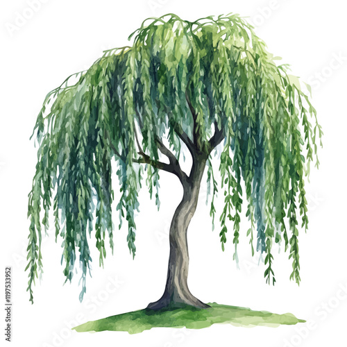 A watercolor vector of a weeping willow tree, isolated on a white background. Tree vector.
