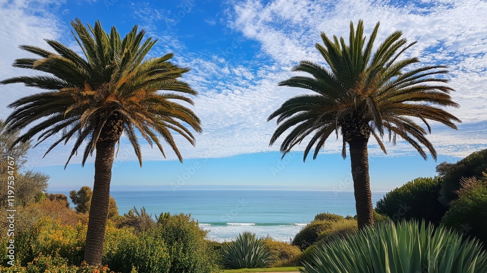 Twin palm trees frame a picturesque view of the ocean, with a clear blue sky and soft clouds creating a tropical paradise. Twin palm trees frame a picturesque view of the ocean, with a clear blue sky and soft clouds creating a tropical paradise.