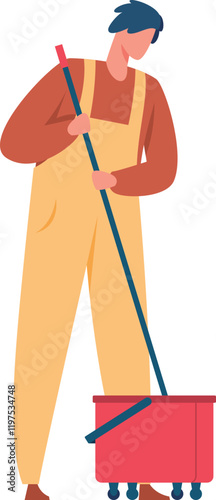 Professional cleaning service worker wearing uniform mopping the floor with a bucket and a mop, cleaning company services, housekeeping job