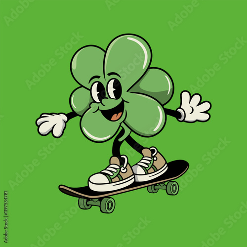 Cute Clover Character Skateboarding Against a Green Background