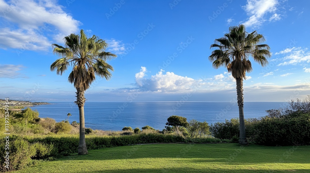 Twin palm trees frame a picturesque view of the ocean, with a clear blue sky and soft clouds creating a tropical paradise. Twin palm trees frame a picturesque view of the ocean, with a clear blue sky and soft clouds creating a tropical paradise.