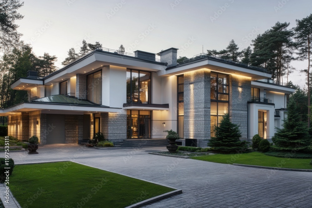 Experience the elegance of a contemporary luxury residence, nestled amidst vibrant greenery in a tranquil wooded setting, beautifully illuminated during twilight Experience the elegance of a contemporary luxury residence, nestled amidst vibrant greenery in a tranquil wooded setting, beautifully illuminated during twilight