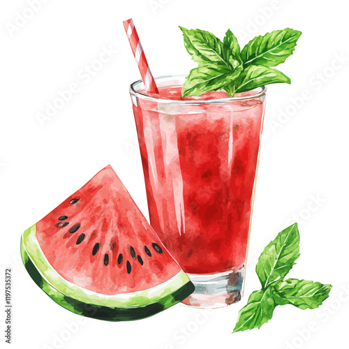 A watercolor of watermelon mint juice, isolated on a white background. Juice vector.
