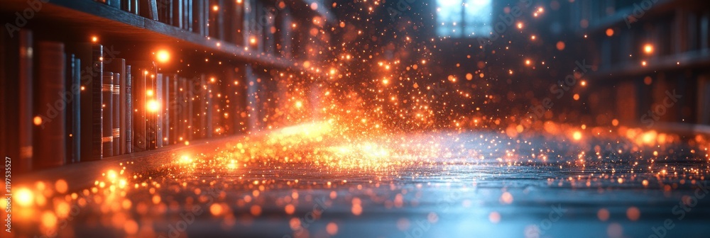 Fototapeta premium Glowing particles float over bookshelves in a dark library.