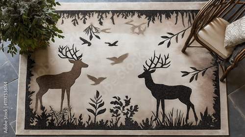 Elegant deer silhouette rug with nature-inspired design cozy living room rustic style indoor plants woodland theme tranquil decor photo