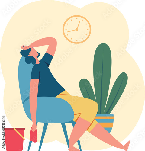 Tired young woman sitting on chair with cleaning cloth and bucket, taking break from housework, feeling exhausted and overwhelmed by domestic chores
