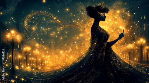 A captivating Art Deco-inspired scene featuring a mysterious silhouette of a figure in a golden mask, glowing lights, and swirling patterns set against an elegant nighttime city backdrop. photo