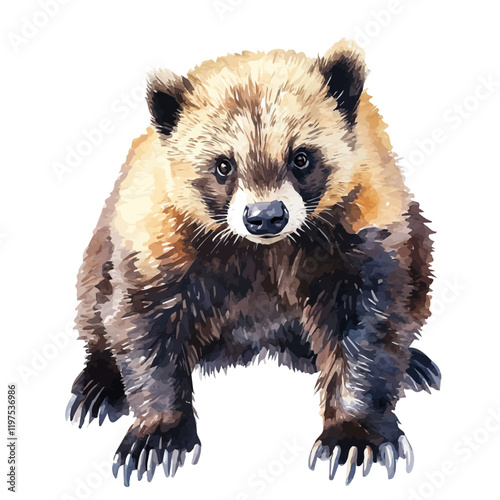 A watercolor painting of a wolverine, isolated on a white background. Animal vector.
