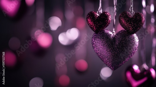 Delicate purple hearts dangle on shimmering strings, illuminated by soft pink lights, creating a romantic ambiance perfect for Valentine's Day.