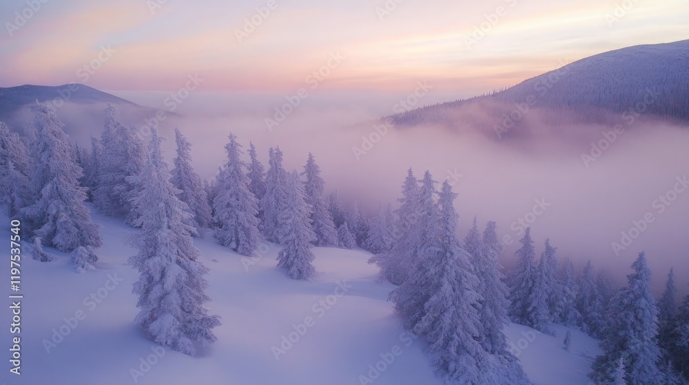 Fototapeta premium Serene Winter Landscape with Frosty Trees and Soft Sunrise Glow