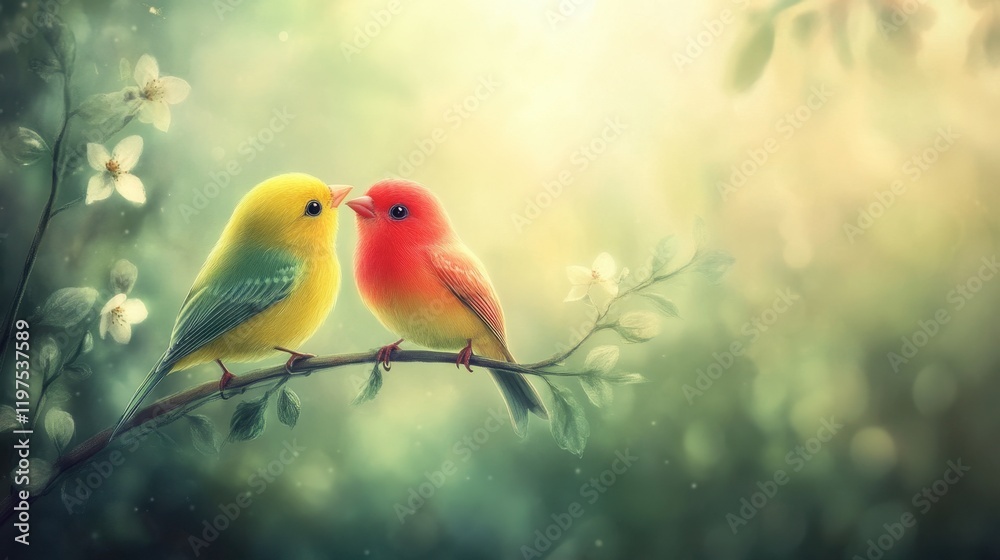 Obraz premium Two colorful birds, yellow and red, perched serenely on a branch with a soft green background, showcasing natures beauty.