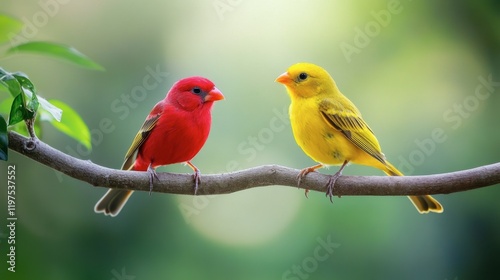Two colorful birds, yellow and red, perched serenely on a branch with a soft green background, showcasing natures beauty.